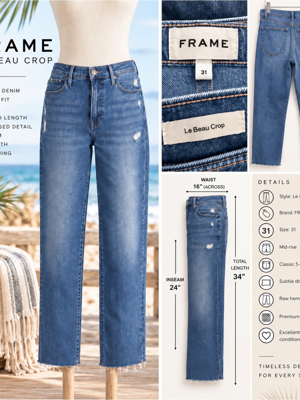 Frame Denim Le Beau Crop Mid-Rise Blue Straight Crop Jeans